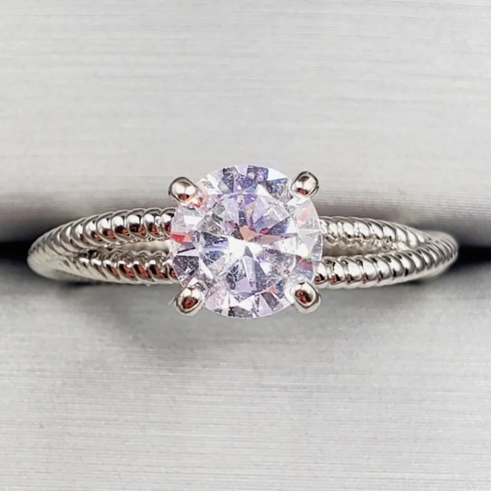 Round Cut Diamond Simulant Rhodium Plated Silver Tone Solitaire Cable Rope Ring